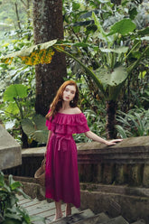 Off-Shoulder Tiered Ruffle Midi Dress in Soft Silk with Waist Tie and Flowy Skirt